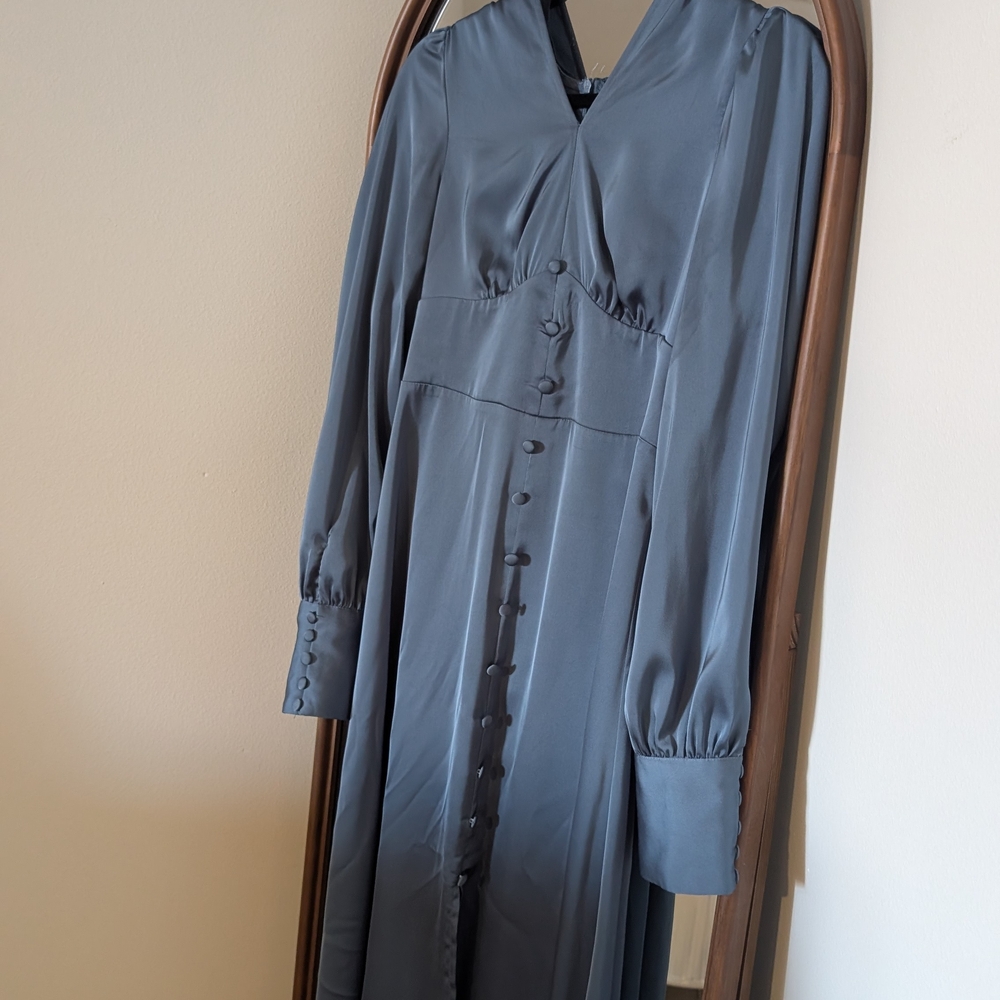 Satin Long Sleeve Button-Front Dress in Slate Blue